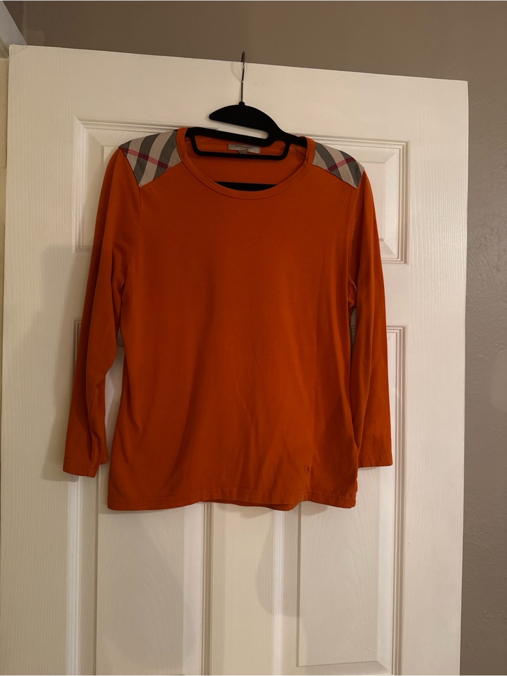 Burberry Orange Long Sleeve Top with Plaid Shoulder Trim